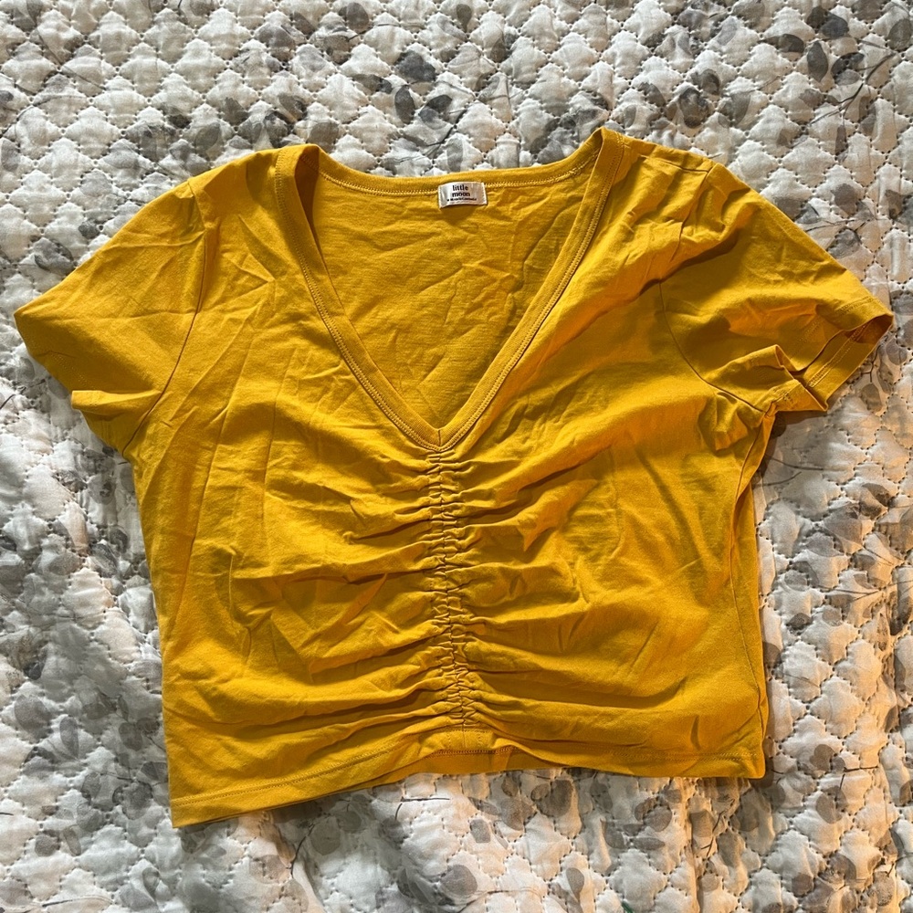 Little Moon Mustard Ruched V-Neck Crop Top